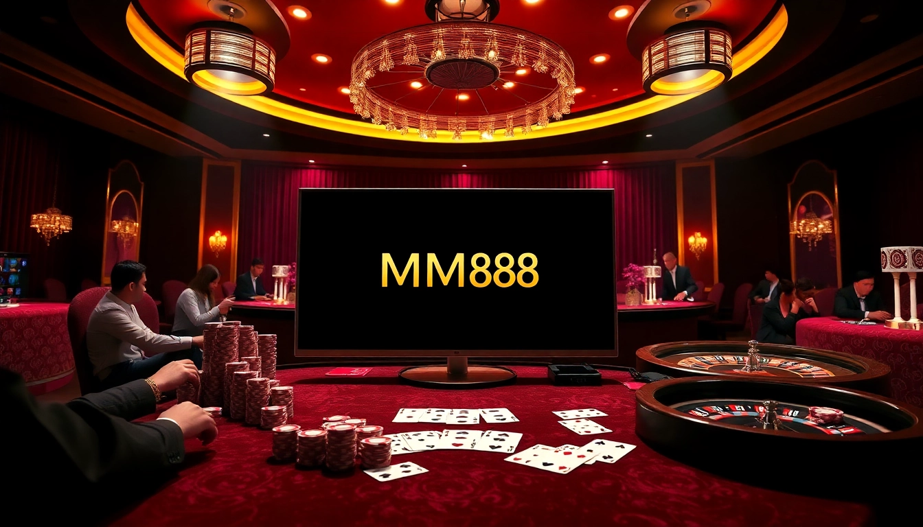 Exciting online gambling interface with "mm88 đăng nhập" surrounded by colorful poker chips and roulette wheels.