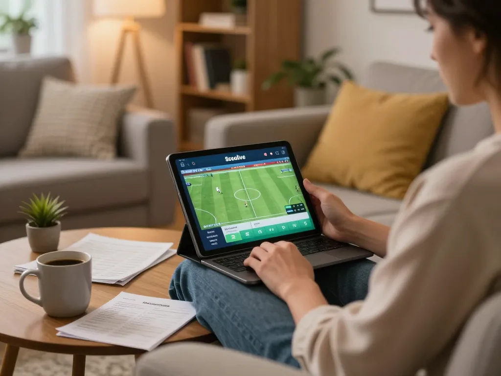 Person enjoying online soccer betting on Socolive with a tablet in cozy home setting