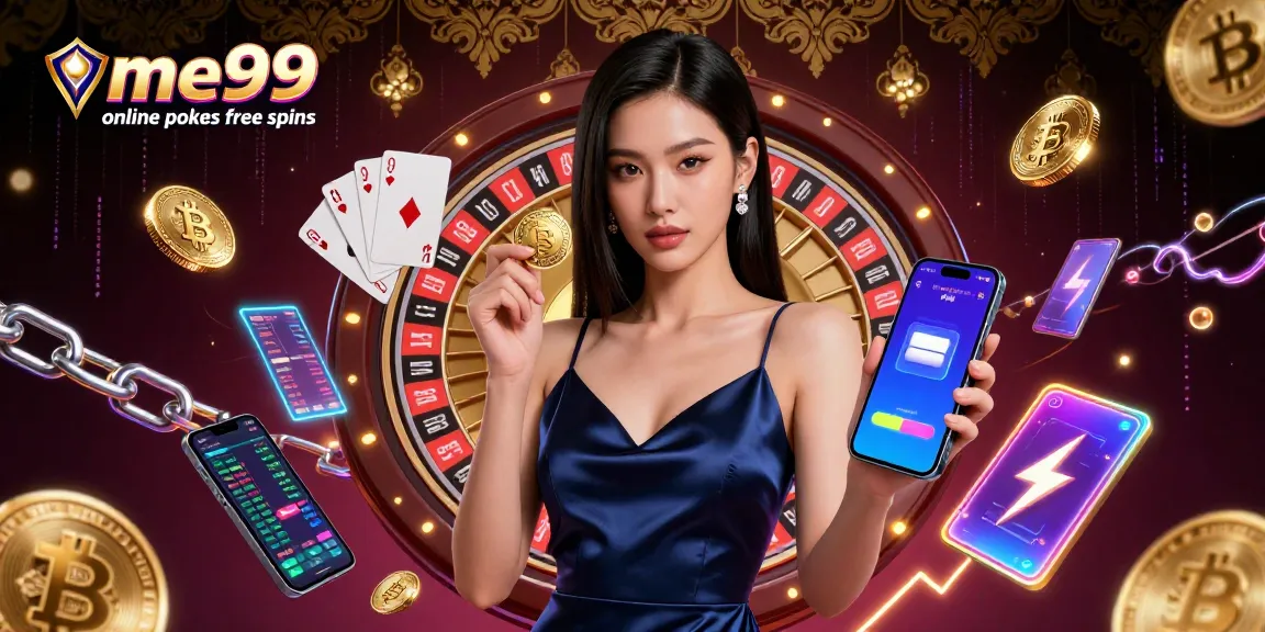 Experience me99 online pokies free spins with thrilling 3D elements, including an Asian woman holding a casino app, Bitcoin coins, and a roulette wheel.