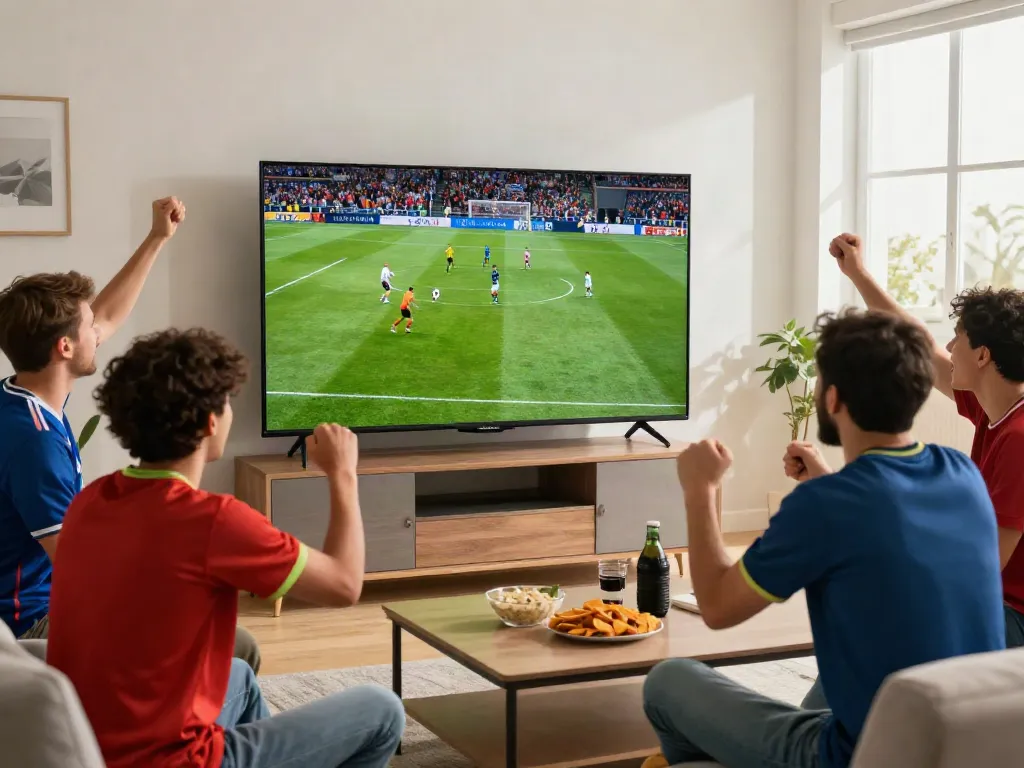 Xôi lạc TV streaming exciting live soccer match in a cozy living room.
