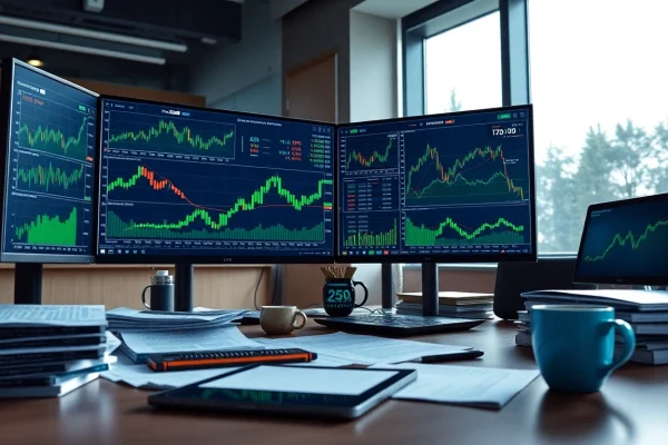 Krypto kurser live trading environment with multiple monitors showing charts and data
