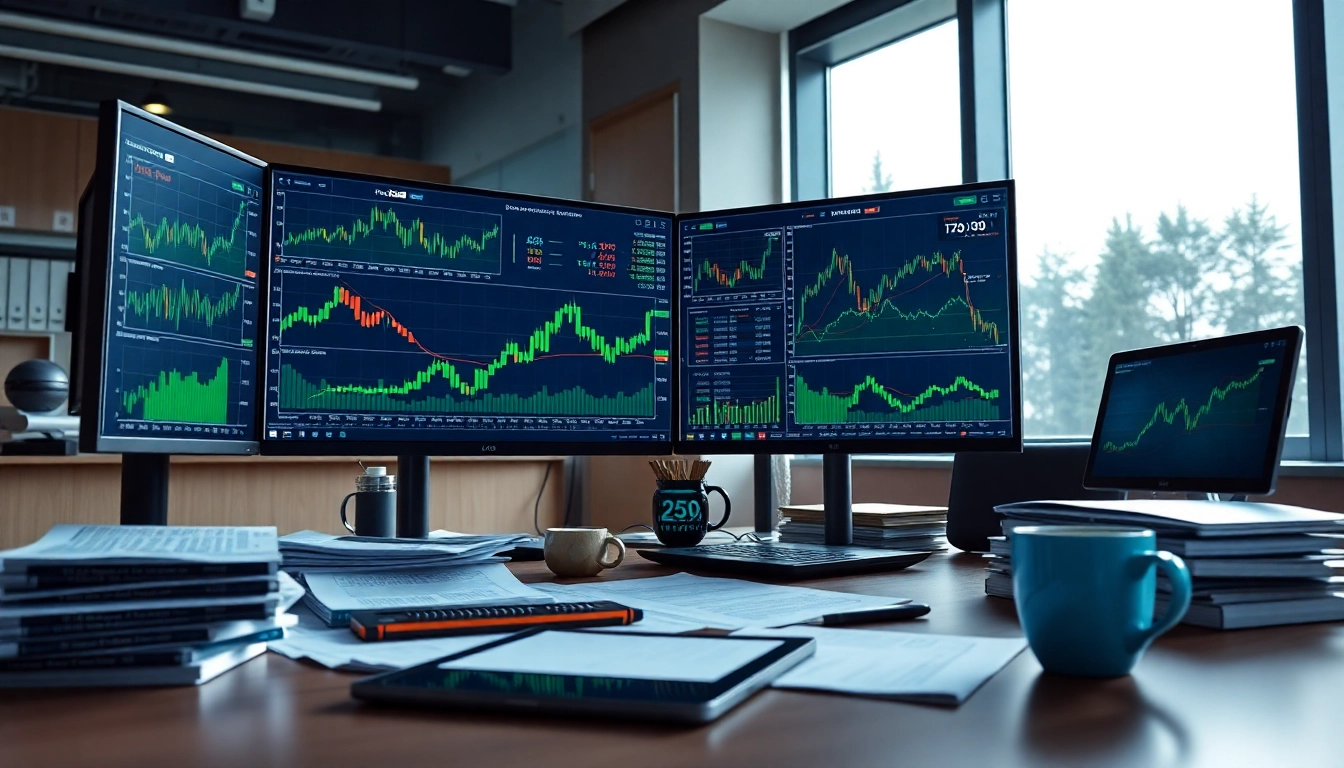 Krypto kurser live trading environment with multiple monitors showing charts and data
