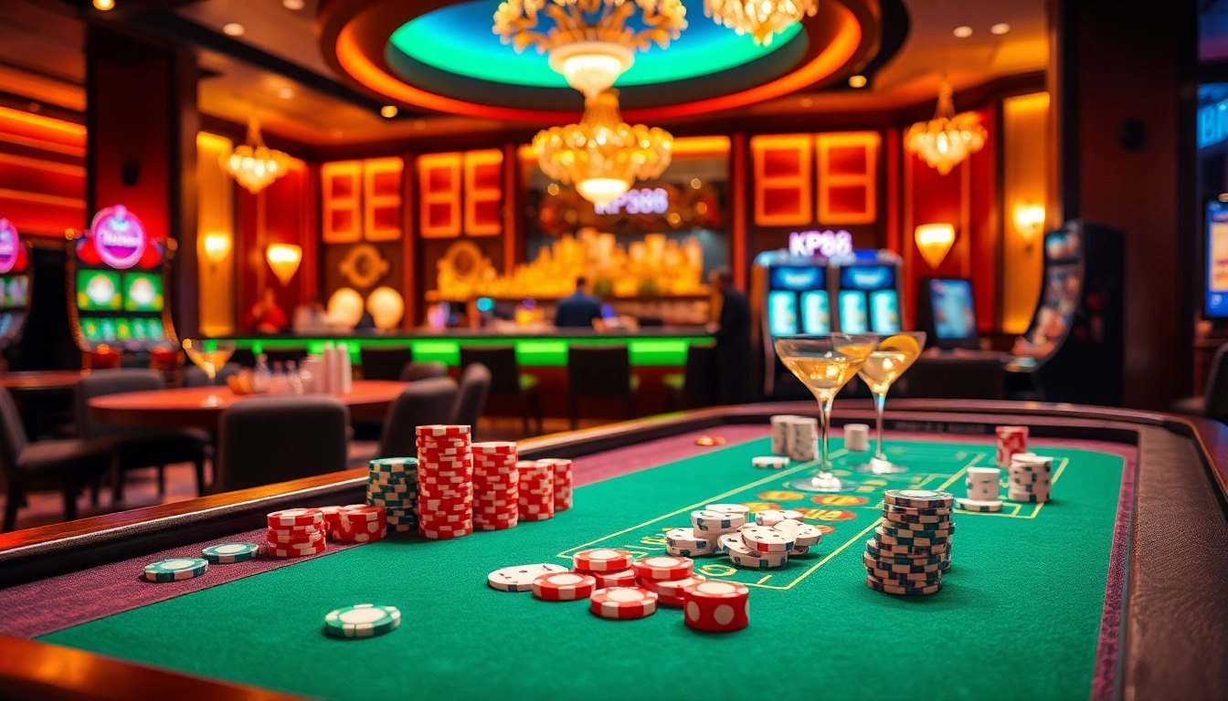 Engaging players at KP88 casino enjoying colorful chips and cocktails at a luxurious gaming table.