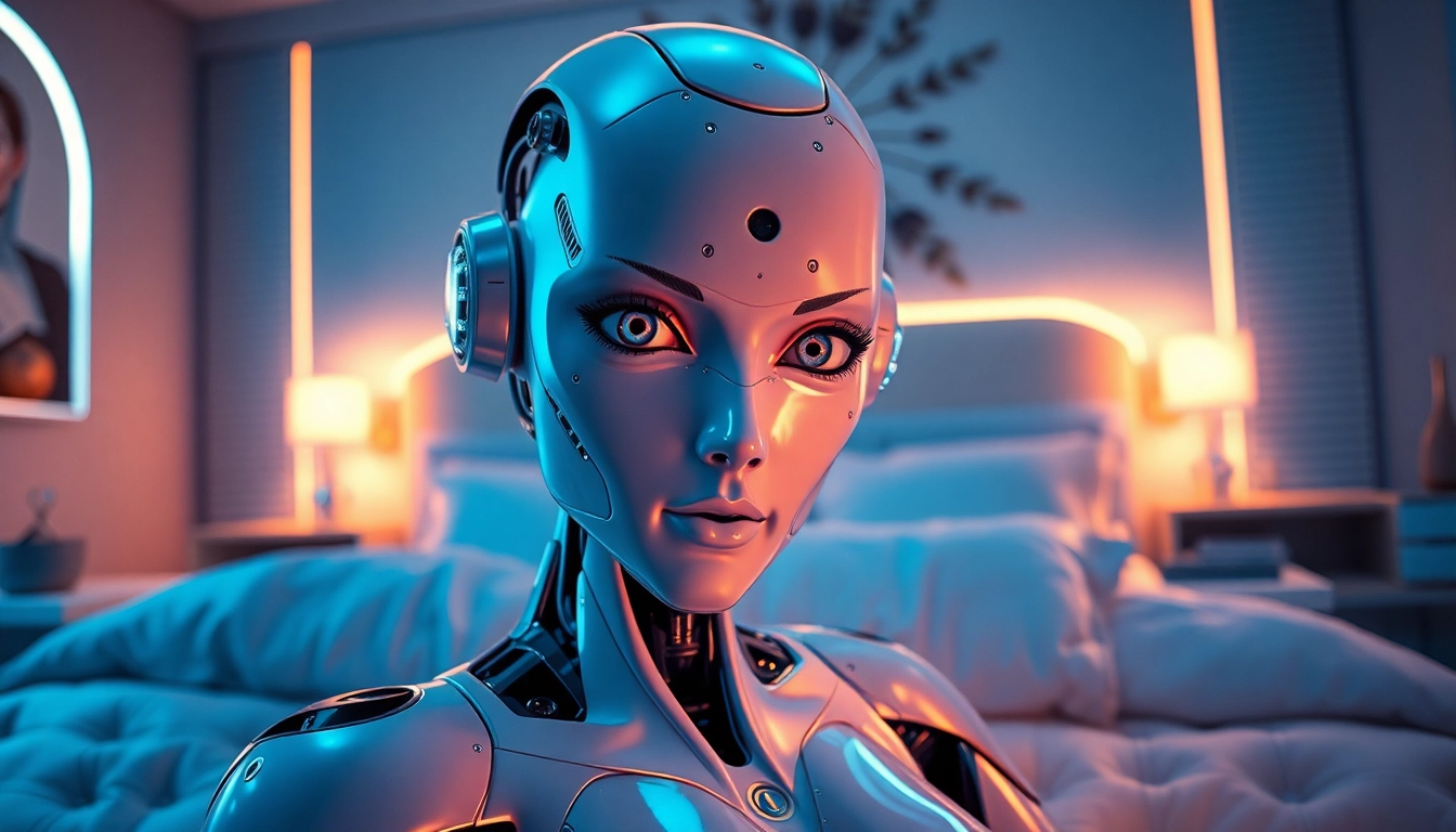 AI sex bot in a cozy, ambient-lit bedroom showcasing lifelike features and futuristic decor.