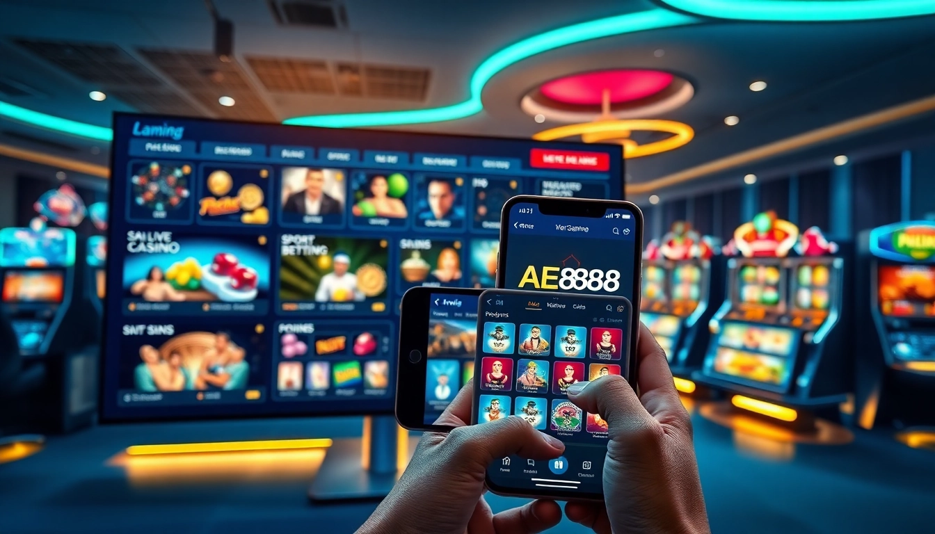 AE888 chính thức online gaming interface with vibrant dashboard showcasing live casino and sports betting.