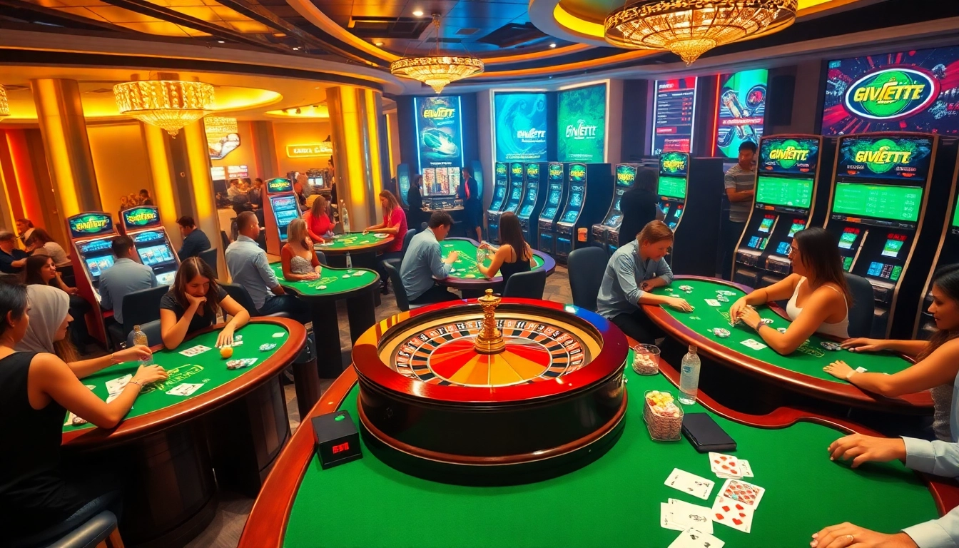 Experience the excitement of casino gaming with five88 .vin as players engage around tables showcasing vibrant cards, chips, and elegant roulette.