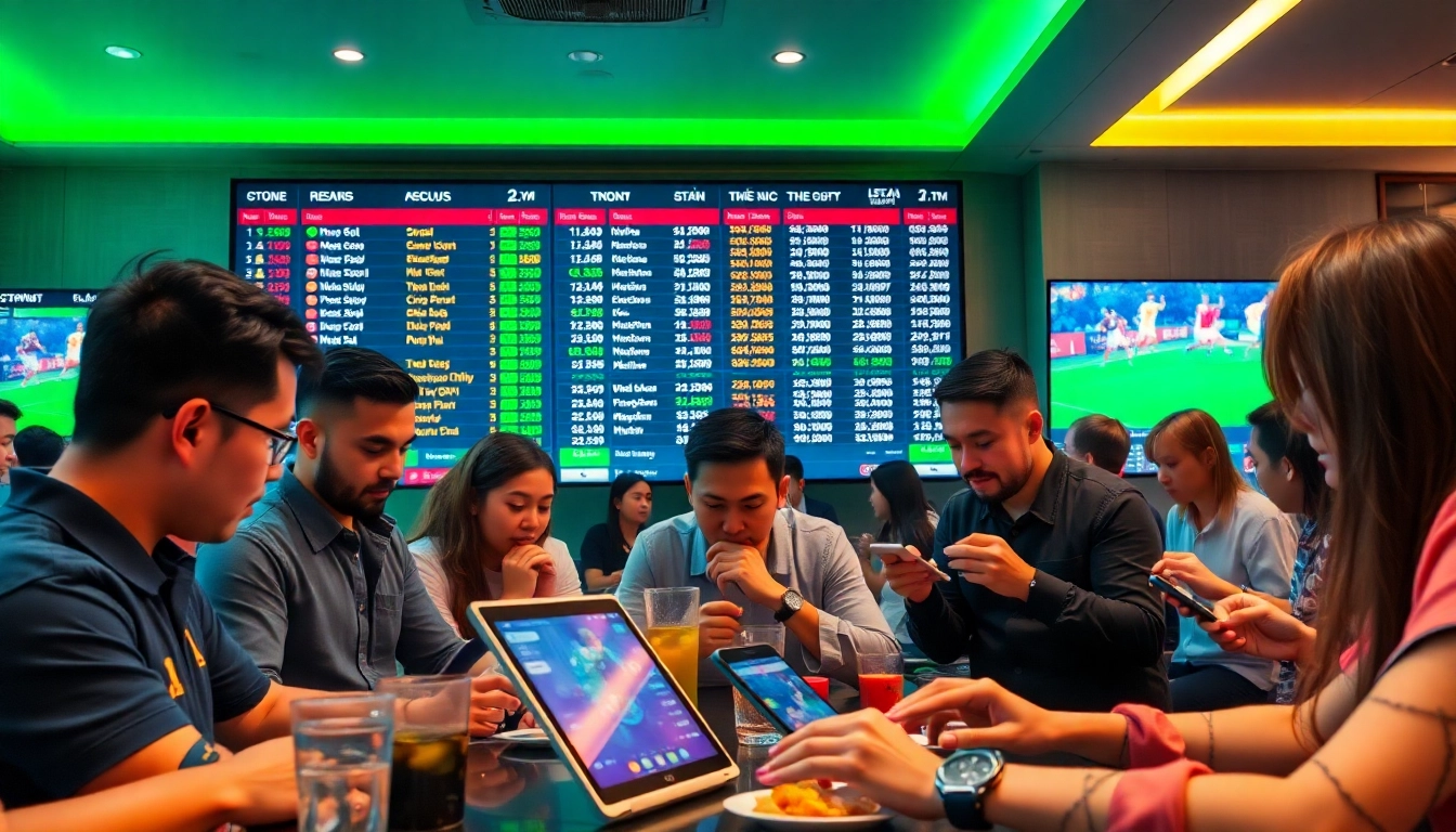 A vibrant sports betting scene displaying tỷ lệ kèo nhà cái in real-time, showcasing punters analyzing odds.