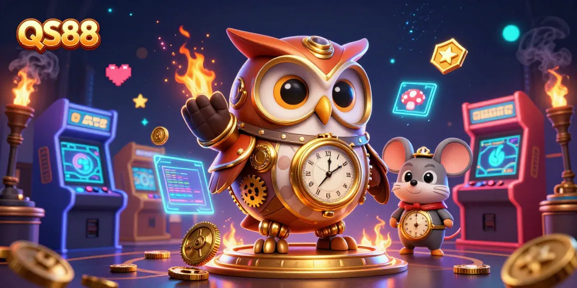Experience the excitement of QS88 with a vibrant casino-inspired digital illustration featuring a steampunk owl and arcade elements.