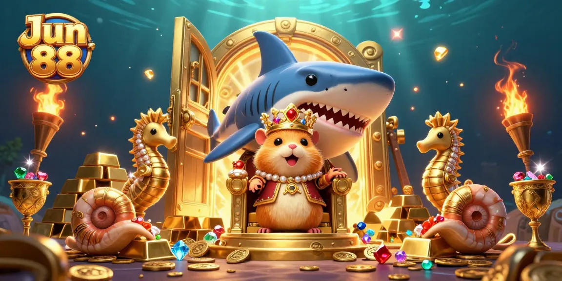Play exciting games with Jun 88's golden hamster king among treasures in this rich casino scene.