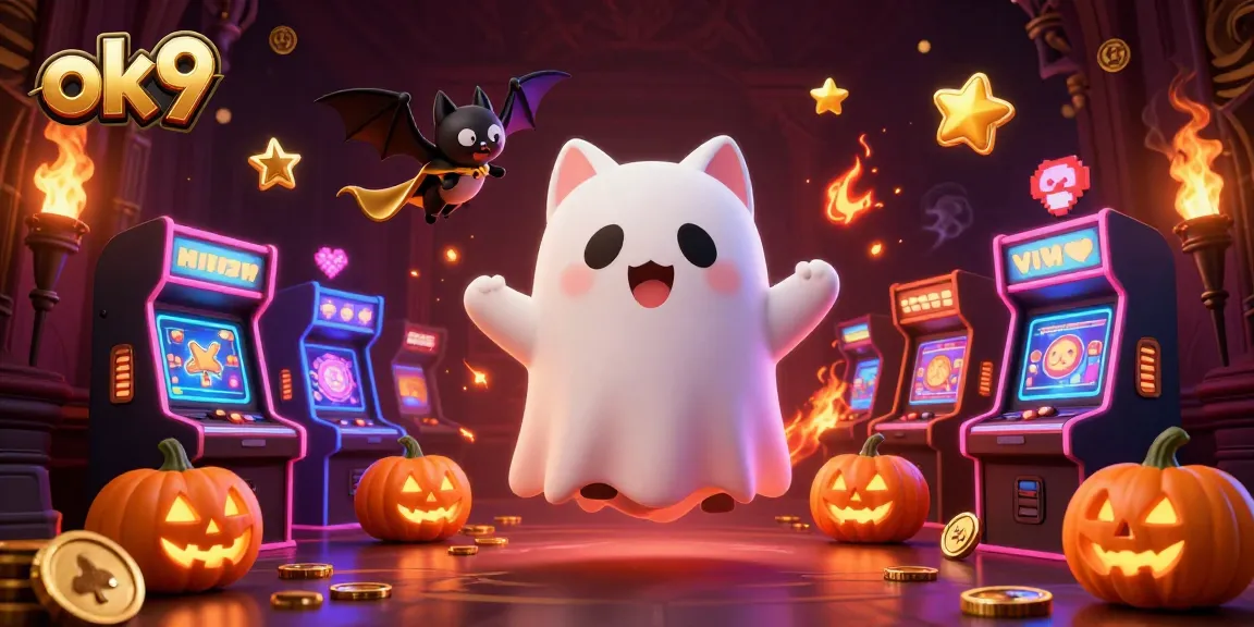 Join the fun with ok9's ghost cat and bat in a vibrant haunted casino atmosphere.