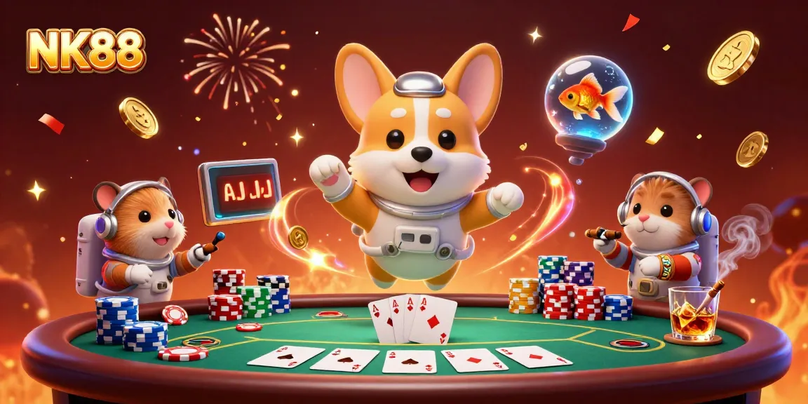 Engage with NK88 in a vibrant space casino scene featuring an astronaut corgi and floating poker items.