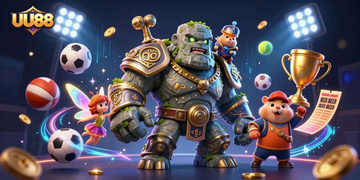 Experience the magic of UU88 with a dynamic illustration of a casino scene filled with sports elements.