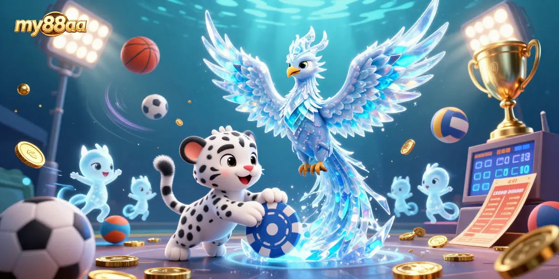 Experience the excitement of my88aa with a vibrant, action-packed casino scene featuring a dancing ice phoenix and playful elements.