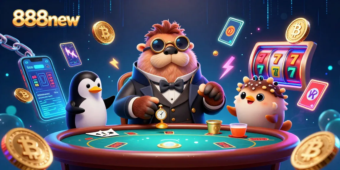 Engage with 888new in a vibrant underwater poker scene featuring a jolly walrus, penguin dealer, and bluffing pufferfish.