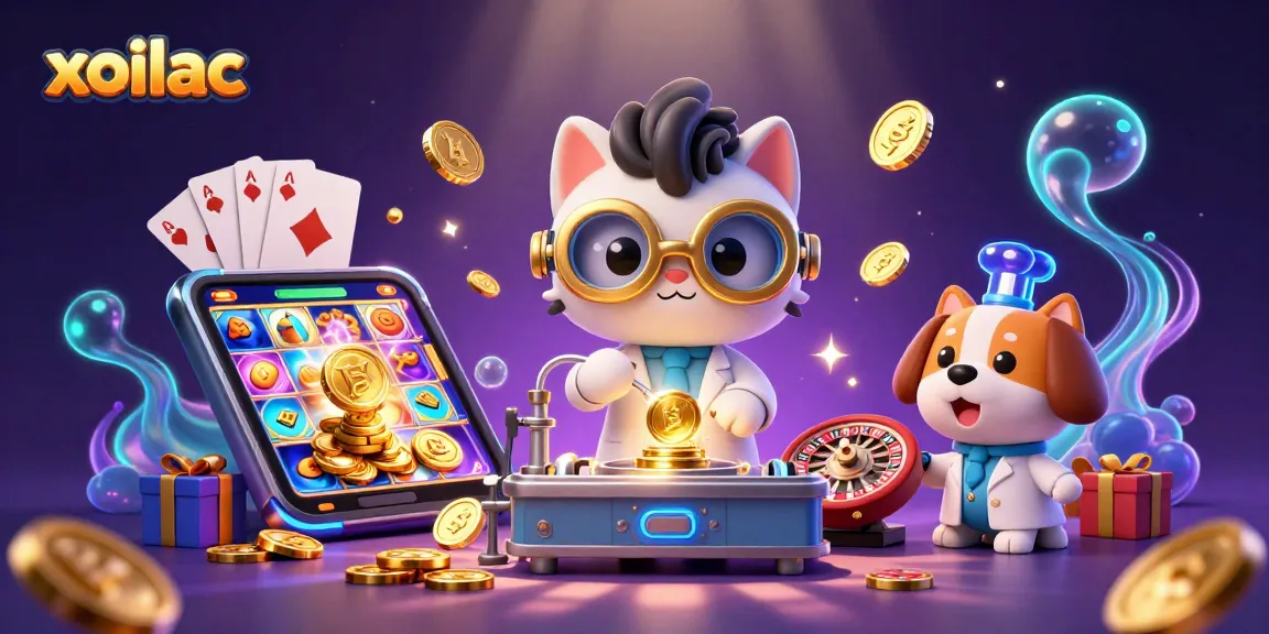 Xoilac celebrates winning strategies in a 3D casino scene filled with vibrant gaming elements.