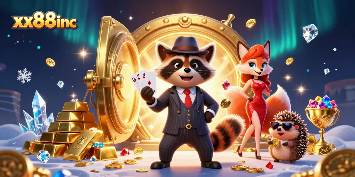 xx88inc showcases a suave raccoon holding a royal flush amidst vibrant casino treasures.